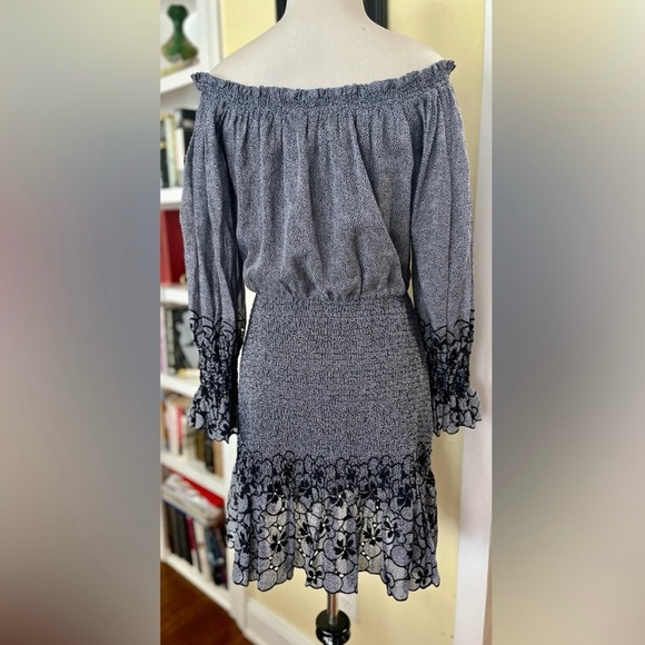 ALEXIS Dress Navy White Dots Smocked Waist
Off Shoulder Floral Eyelet Trim SZ L - Picture 5 of 7